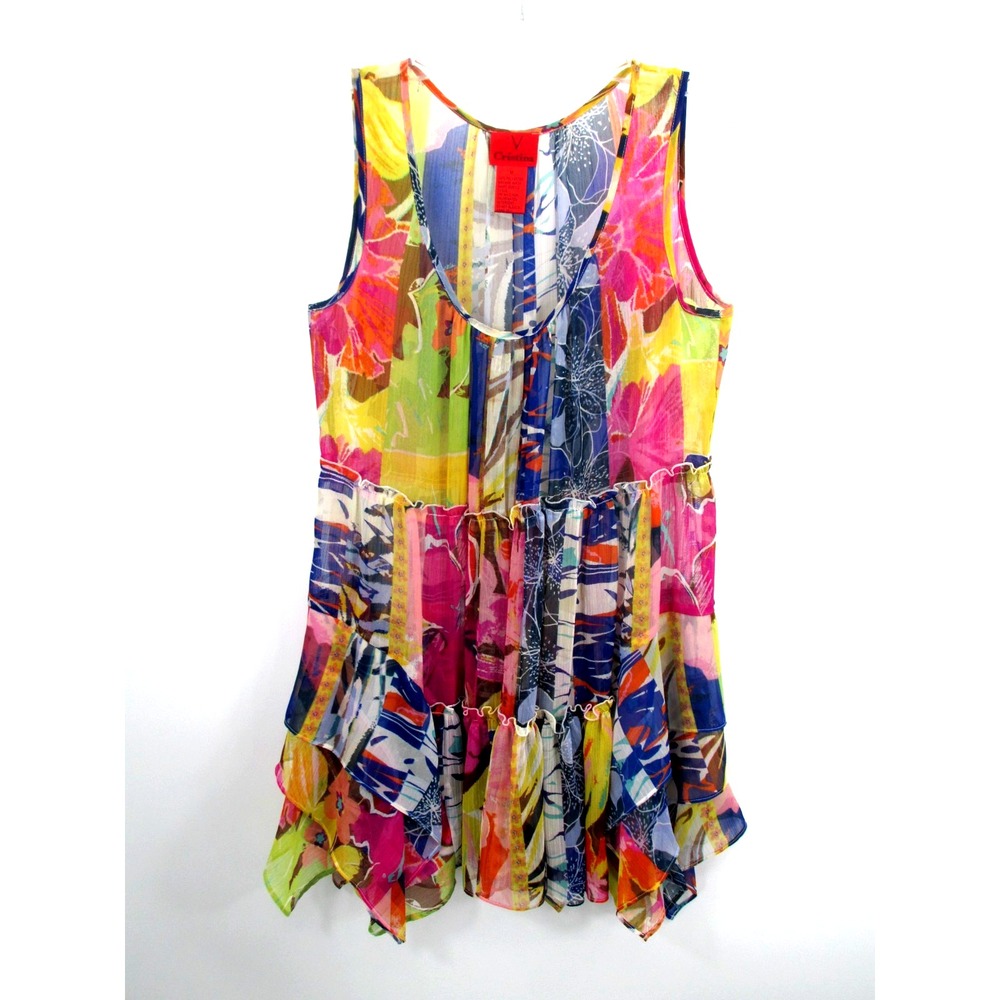 V Cristina Handkerchief Top Womens M Multicolor Floral Tiered Fairy Tunic Blouse